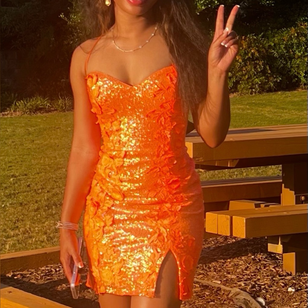 Orange Sequin Ruched Mini Dress With Side Slit
